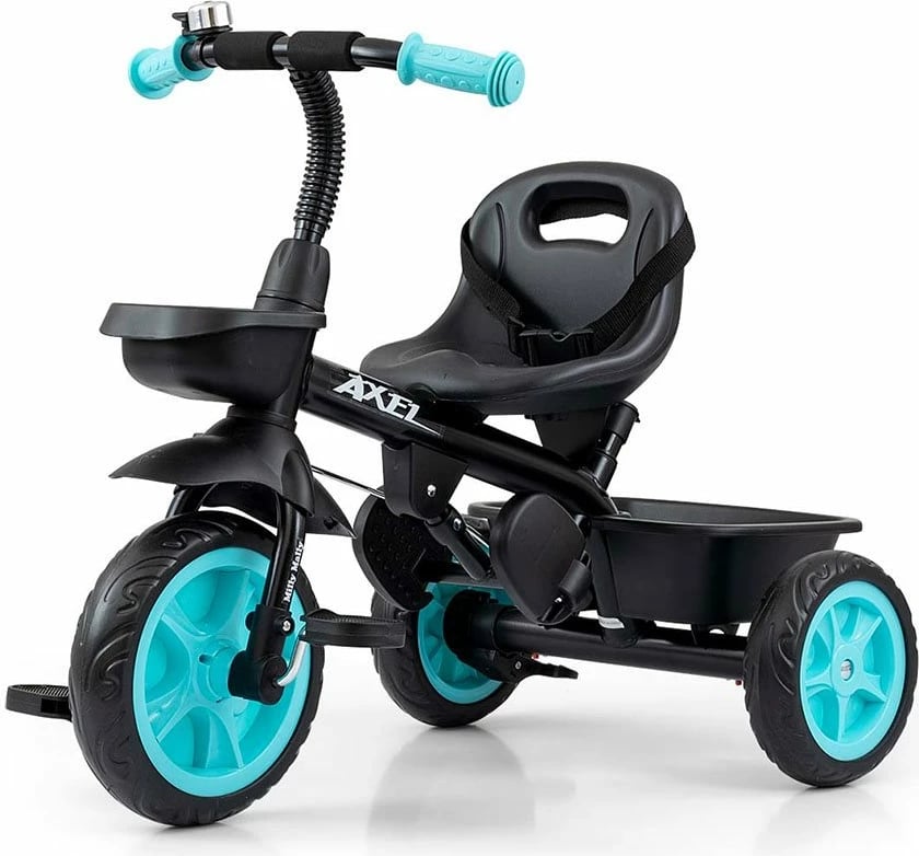 Tricikël fëmijësh me guidë, Milly Mally Axel, kornizë çeliku, rrota EVA, pedale me bllokim, 1-3 vjeç, e zezë