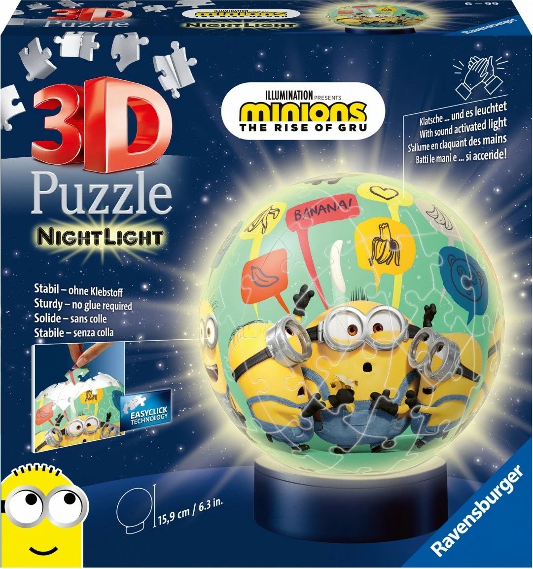 Puzzle 3D Minions Ravensburger 11180, me ndriçim LED, plastikë, 74 pjesë