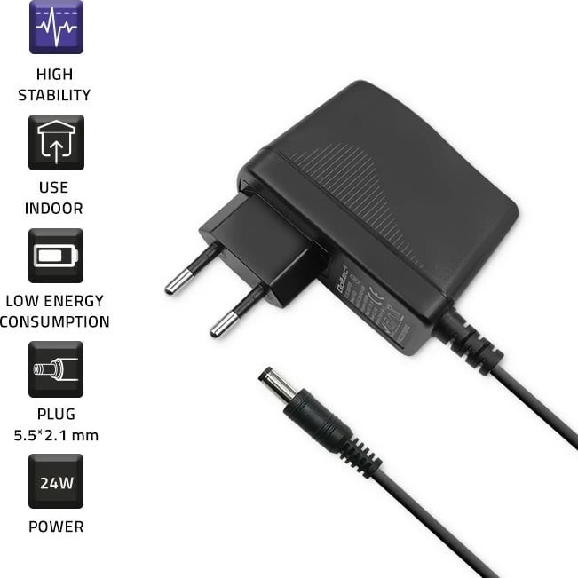 Kasë furnizimi Qoltec 52397, 24W, 12V, 2A, 5.5x2.1mm, e zezë