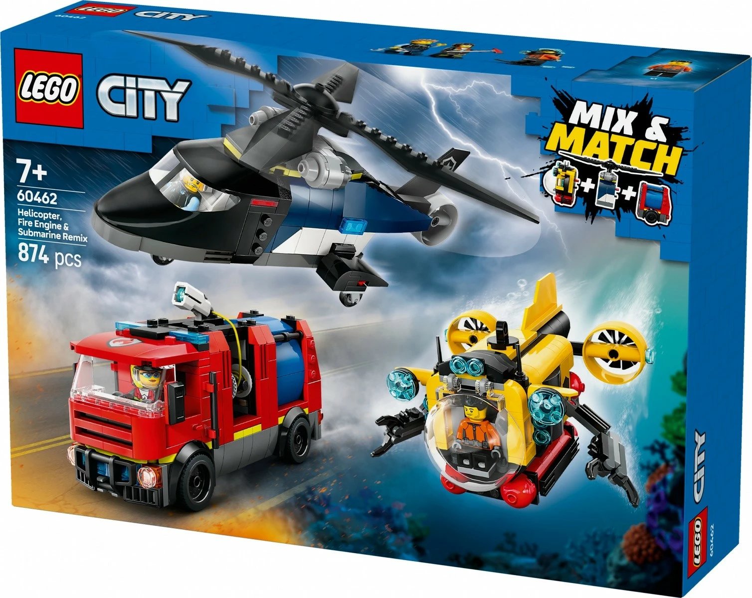 Set ndërtimi LEGO City 60462 me helikopter, kamion zjarrfikës dhe nëndetëse, 874 pjesë
