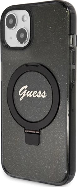 Mbështjellës Guess Ring Stand Script Glitter MagSafe për iPhone 15, i zi