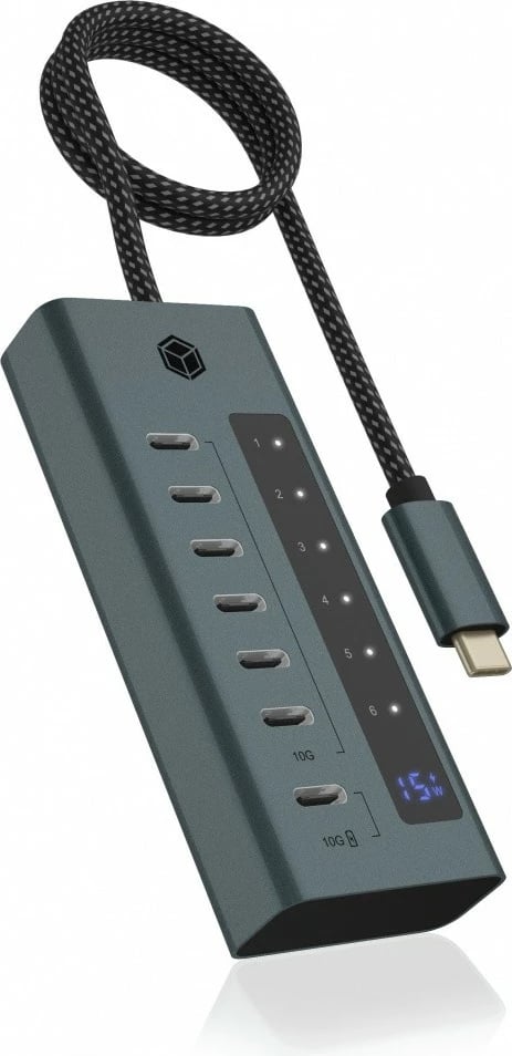 Kasë IcyBox IB-HUB1457-C31, 7 porta, USB Type-C, 36 W, Gri