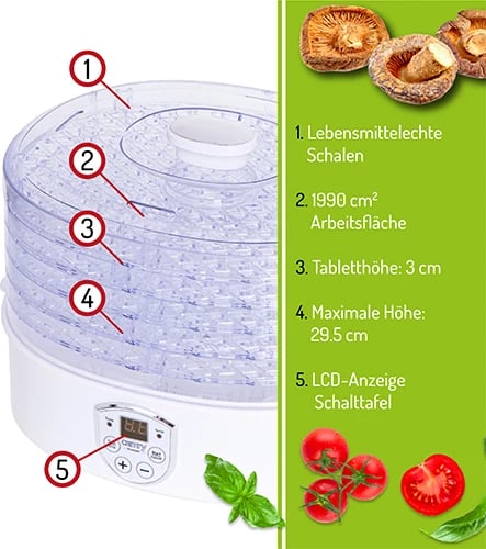 Dehidratues ushqimi, Adler CR 6659, 5 tabaka, 35–70°C, deri 70 orë, 240–550W, LCD