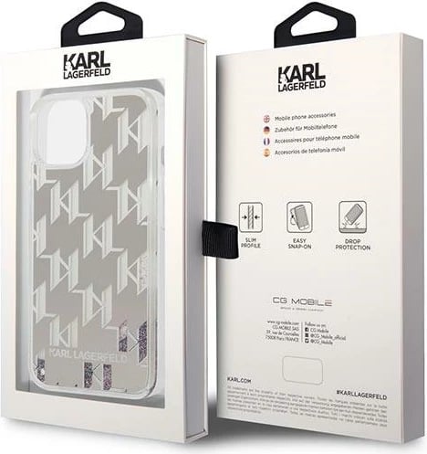 Mbështjellës Karl Lagerfeld KLHCP14SLMNMS për iPhone 14, hardcase, Liquid Glitter Monogram, argjendtë