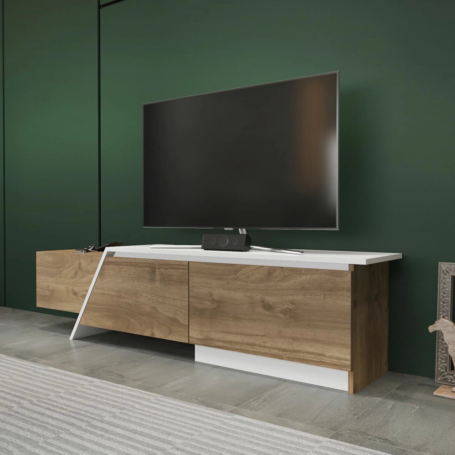 Komodë TV Skye Decor, ngjyrë arre dhe e bardhë, Zonas