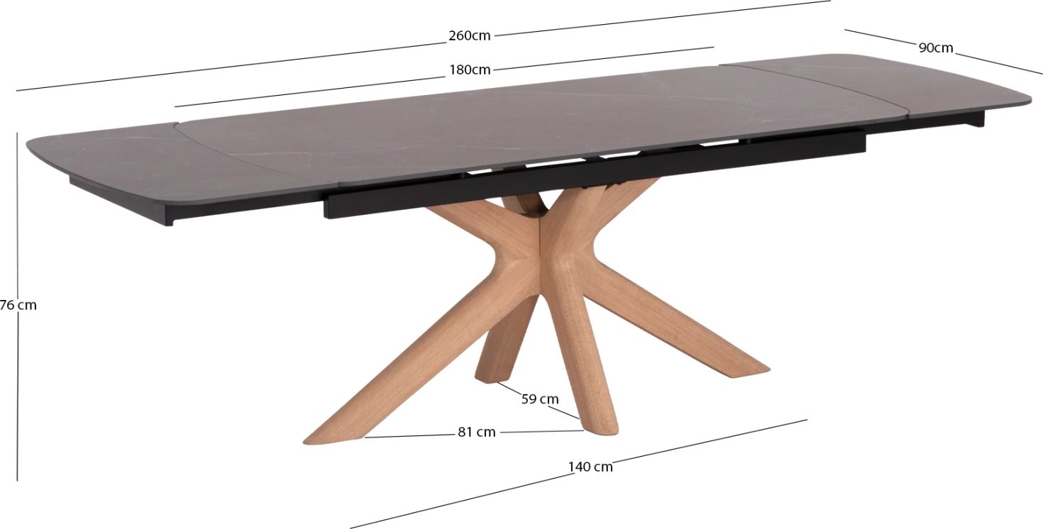 Tavolinë ngrënieje HORIZON, sipërfaqe qeramike, këmbë betule me faner frashëri, 180x90x76cm