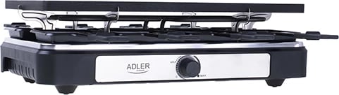 Grill elektrik raclette, Adler AD 6616, 1400W, pjatë 42x23cm, dyanshe jo-ngjitëse, 8 tiganë + 8 shpatulla druri, e zezë