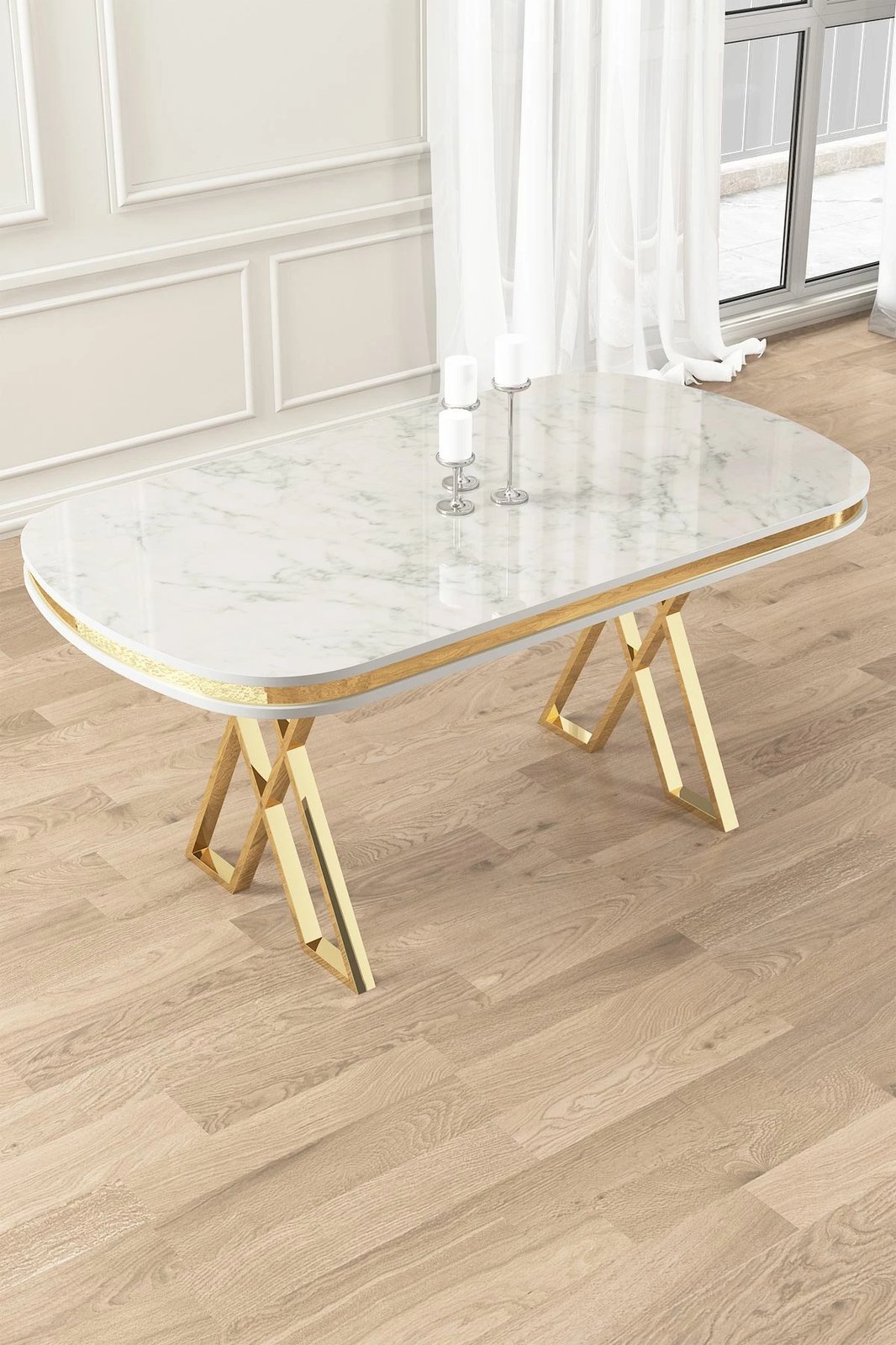 Tavolinë ngrënie Hanah Home, sipërfaqe mermeri të bardhë, këmbë ari