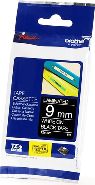 Kasetë etiketime Brother TZe-325 9 mm 8 m, bardhë në të zezë