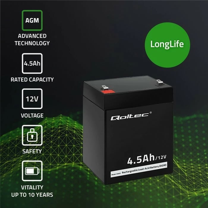 Bateri AGM Qoltec 53033, 4.5Ah, 12V, e zezë