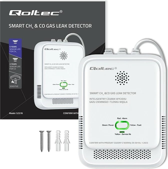 Sensor gazi dhe monoksidi karboni, Qoltec, 52578, alarm 85dB me LED, furnizim 220-240V, i bardhë
