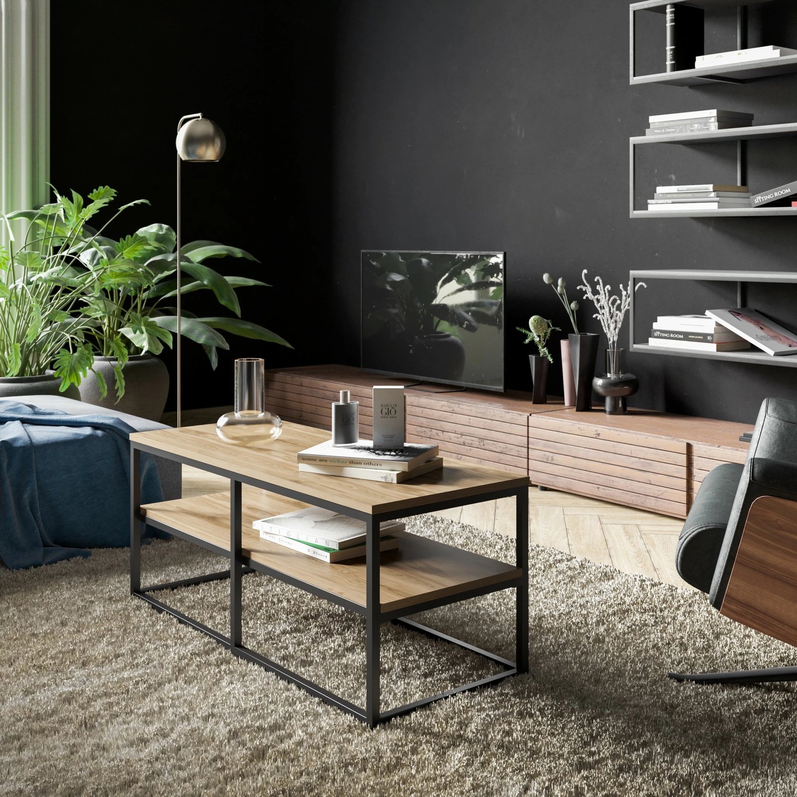 Tavolinë kafeje industriale, ngjyrë arre dhe e zezë, Skye Decor, Forteaus