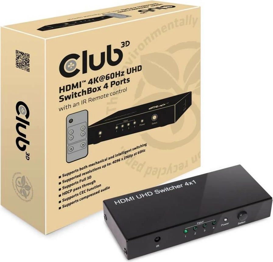 Switch HDMI Club3D, 4 hyrje 1 dalje, 4K60Hz UHD, i zi