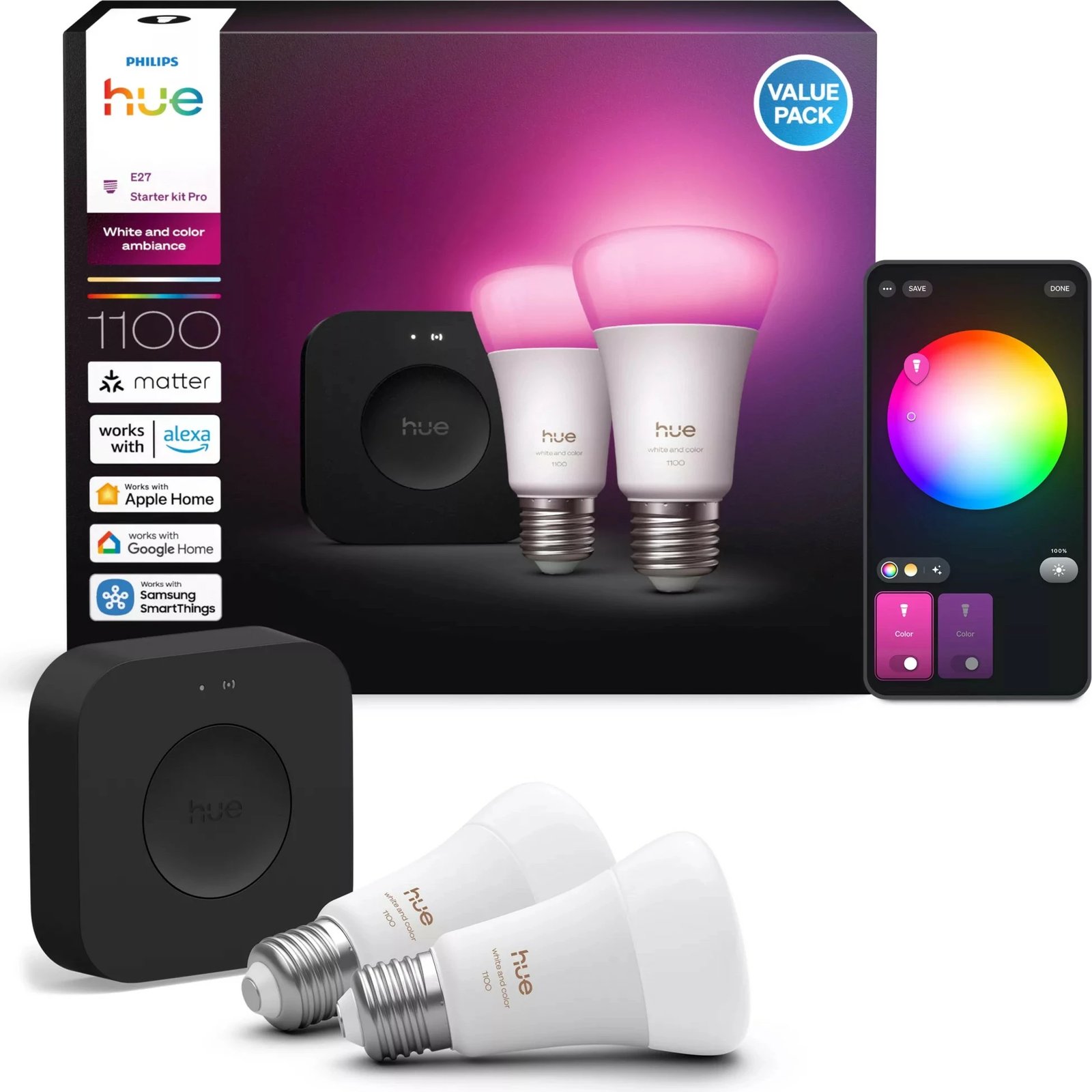 Set fillestar ndriçimi smart Philips Hue Bridge Pro + 2 E27, shumëngjyrëshe
