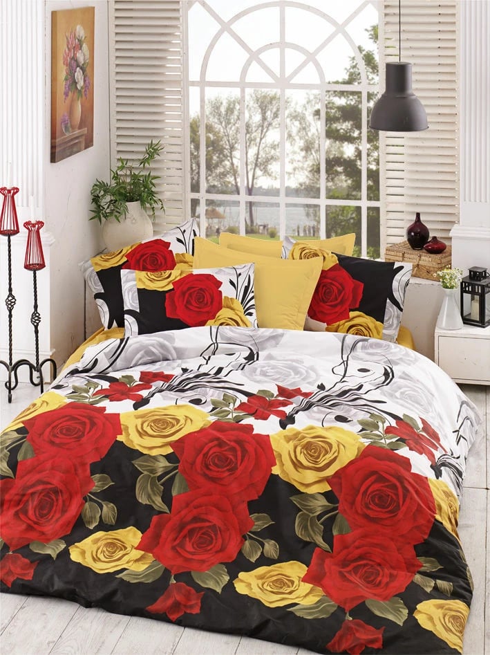 Set mbulesë për jorgan dopio, L'essentiel, Bionca Perla, ngjyra të verdhë, të kuqe, të bardhë, të zezë, të gjelbër