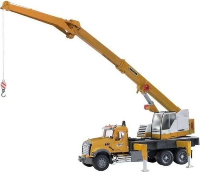 Kamion lodër BRUDER Mack Granite me vinç Liebherr, 1:16, e verdhë/zezë