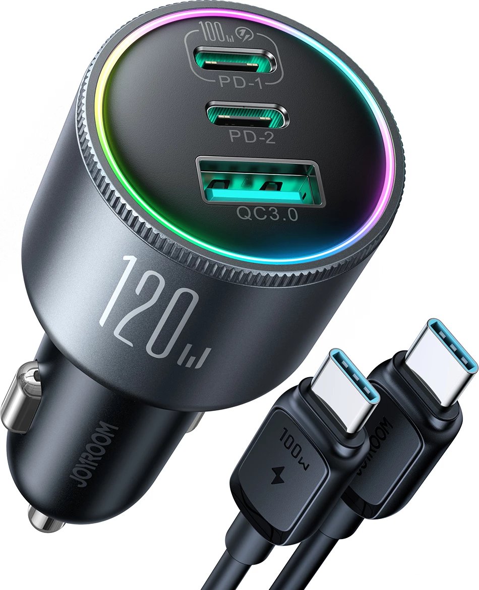 Karikues veture Joyroom JR-CCN07, 120W, 2x USB-C, 1x USB-A, me kabllo USB-C/USB-C 100W, Gri e errët