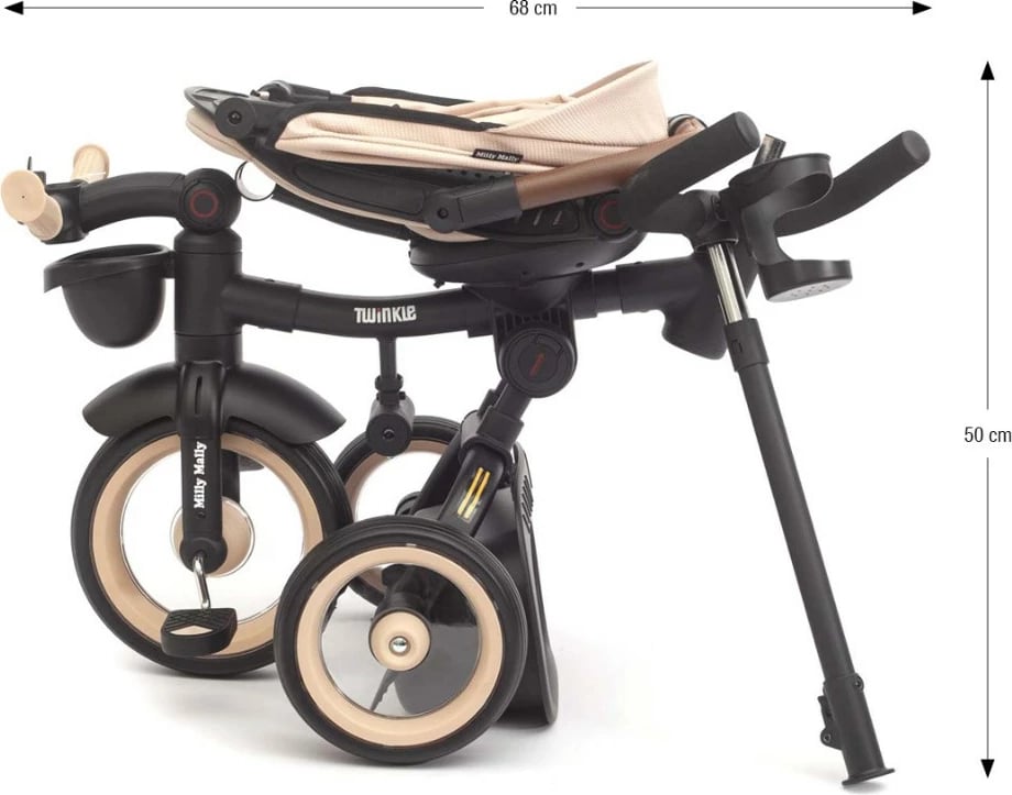tricikël fëmijësh, Milly Mally Twinkle, sedilje rrotulluese 180°, timon prindëror i rregullueshëm, dritë LED, 12+ muaj, rozë