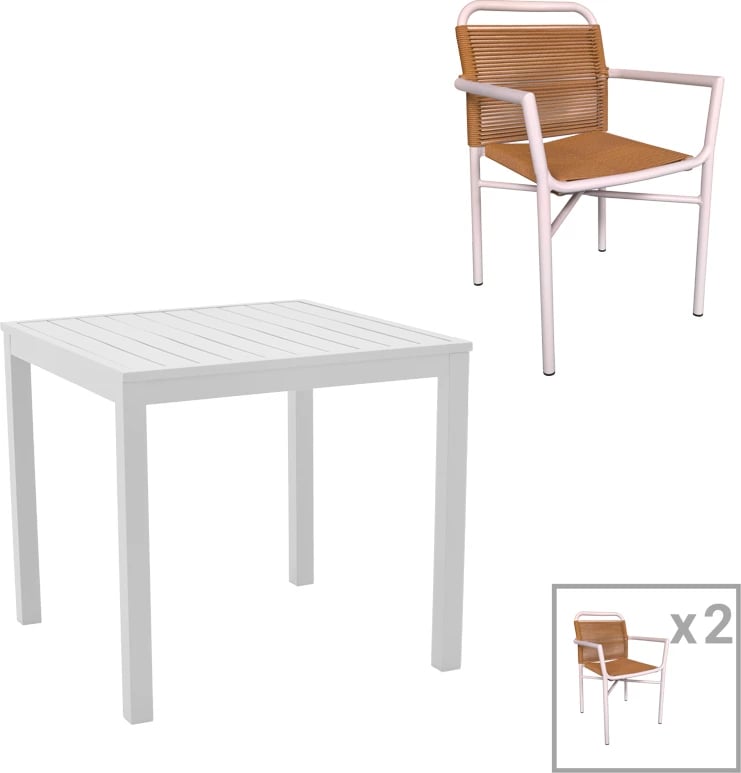 Set tavoline me dy karrige për terasë, Kliton Clutch, alumin, ngjyrë e bardhë-natyrale, 80x80x74cm