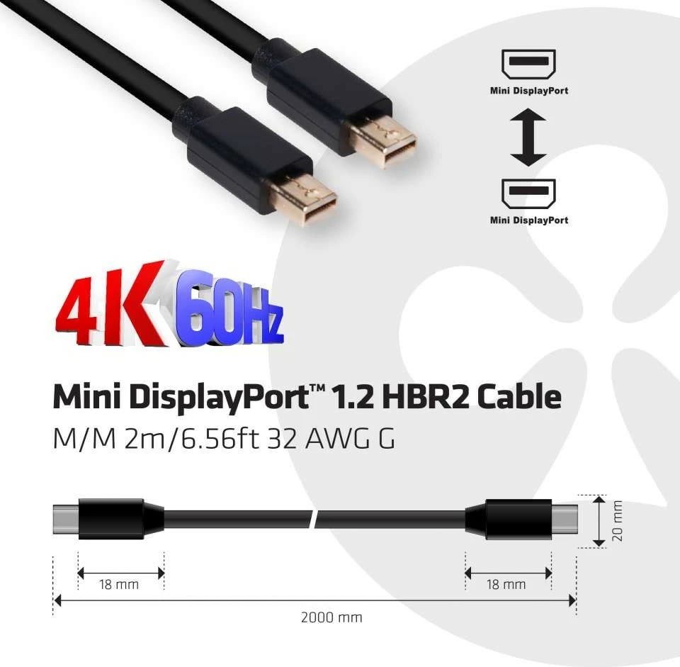 Kabllo Mini DisplayPort Club3D 2m, 4K60Hz, e zezë