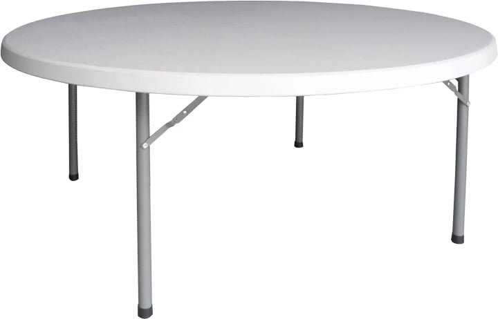 Tavolinë palosëse komode për katering, formë valixhe, e bardhë, rrethore, 180x74cm