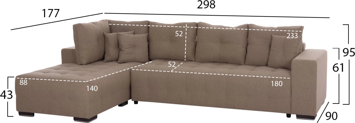 Kënd-sofë me shtrat dhe hapësirë për depo, ngjyrë bezhë, TRENDSTON FH3302.03L, 298x177x95cm