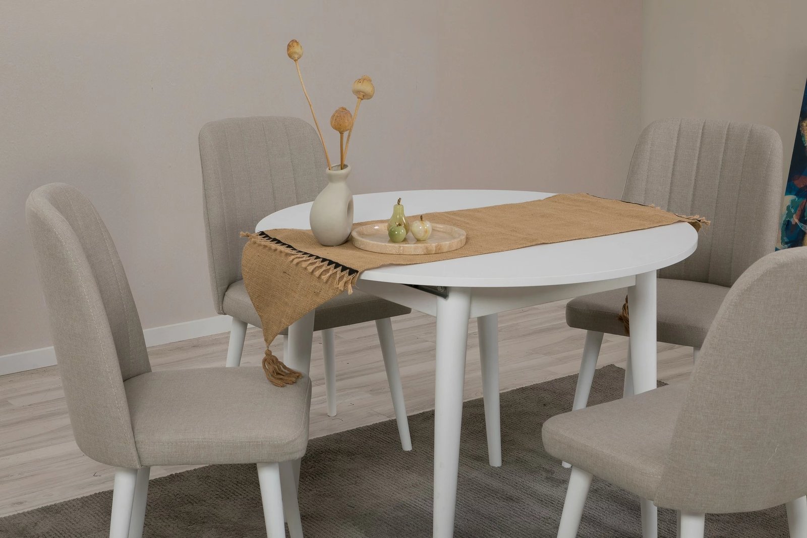 Tavolinë me karrige, zgjatshme, 5 copë, Skye Decor, Vina 1005 5, e bardhë, krem