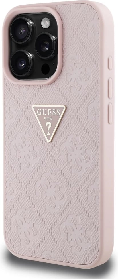 Mbështjellës Guess Hot Stamp 4G Pattern Triangle Metal Logo për iPhone 16 Pro Max, Rozë