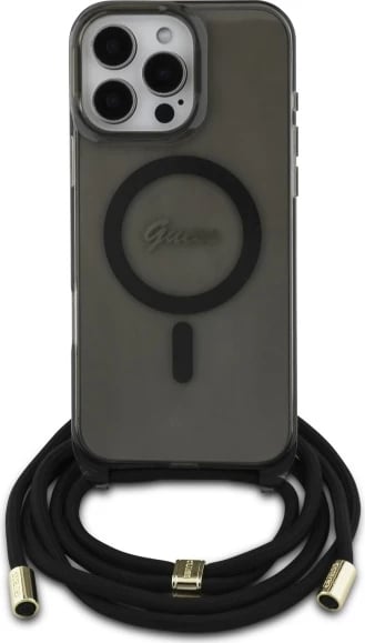 Mbështjellës Guess Crossbody Cord Script MagSafe për iPhone 16 Pro Max, i zi
