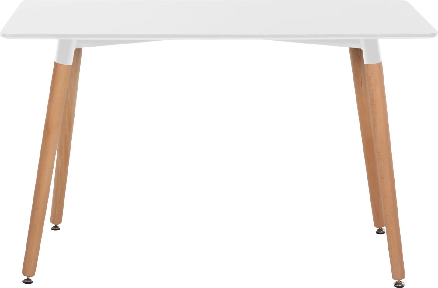 Tavolinë minimaliste për kuzhinë, MDF e bardhë, këmbë druri ahu natyral, 120x60x74cm