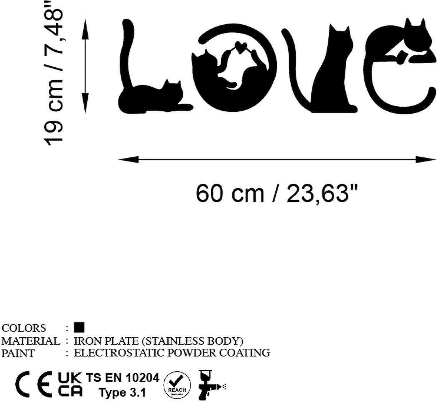 Aksesor dekorativ metalik për mur, mace, Wallity, Cat 11, ngjyrë e zezë, 60x19cm