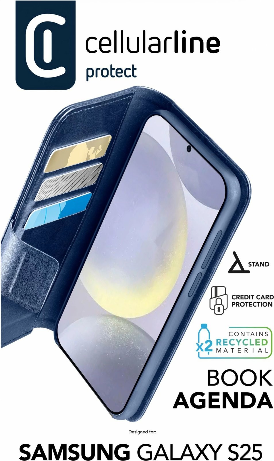 Mbështjellës Cellular Line për Samsung Galaxy S25, folio, 3 xepa për kartela, ngjyrë kaltër