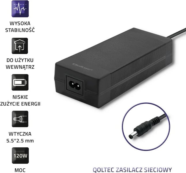 Furnizues energjie desktop Qoltec 50793, 72W, 24V, 3A, 5.5x2.5mm, me kabllo, zi