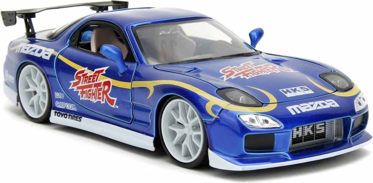 Model makine JADA TOYS Street Fighter 1993 Mazda RX7 1:24 me figurë Chun-Li, Blu, set