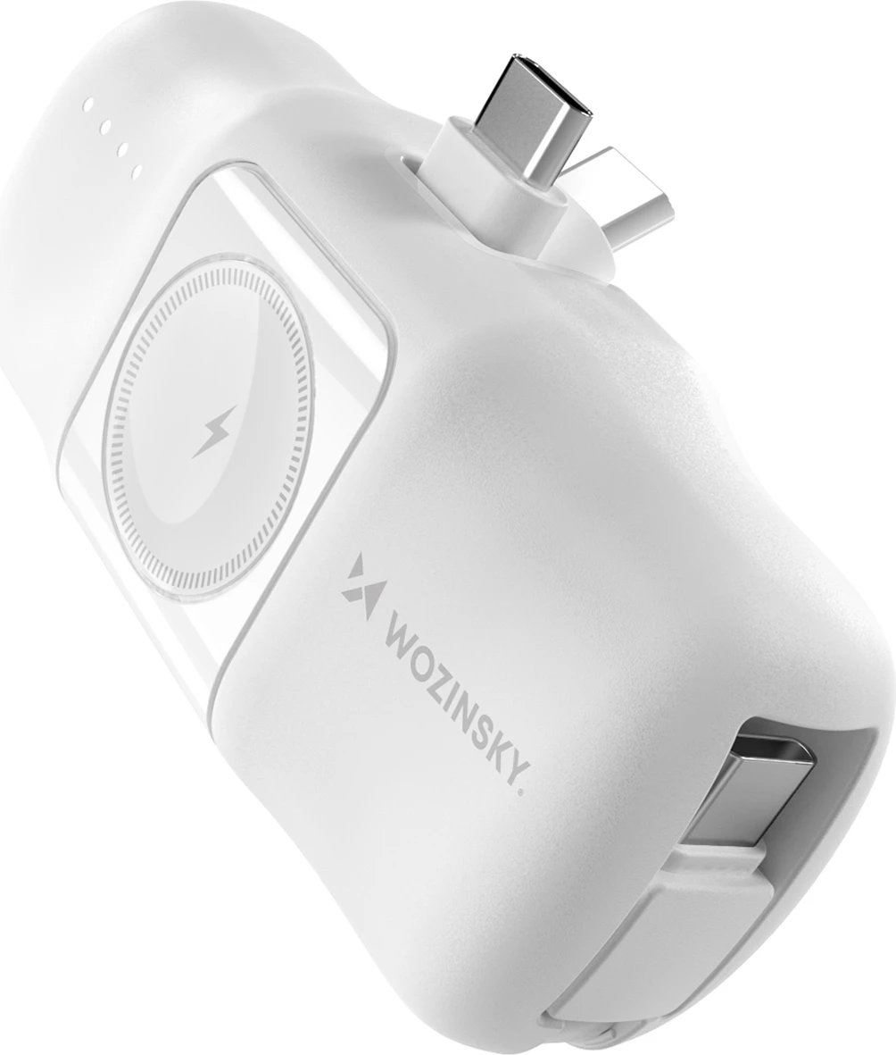 Powerbank Wozinsky WF16-YCS, 5000mAh, 15W, me kabllo USB-C të integruar dhe karikues për Apple Watch, Bardhë