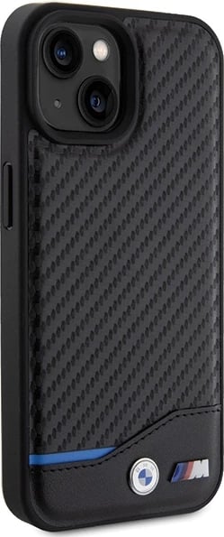 Mbështjellës BMW Leather Carbon për iPhone 15, i zi