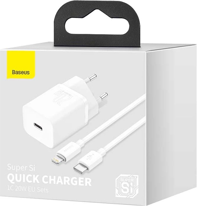 Karikues i shpejtë Baseus Super Si Quick Charger 1C, 20W, me kabllo USB-C në Lightning 1m, Bardhë
