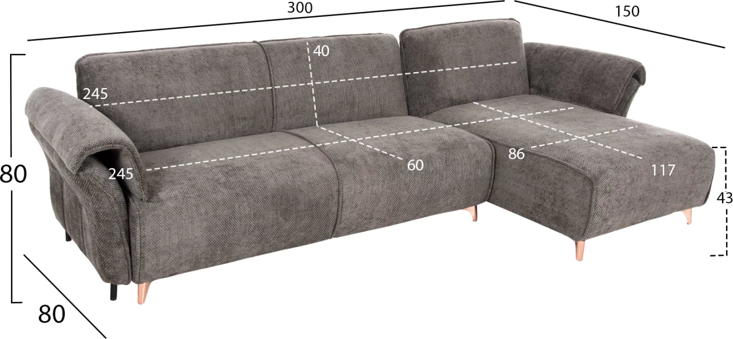 Divan qoshe i kthyeshëm MAILO, FH6071.02, pëlhurë gri e errët, këmbë metalike, 300x150x80H cm