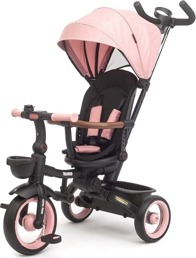 tricikël fëmijësh, Milly Mally Twinkle, sedilje rrotulluese 180°, timon prindëror i rregullueshëm, dritë LED, 12+ muaj, rozë