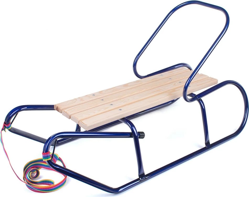 Sane metalike, BAYO, 87 cm, ulëse druri, shpinore e heqshme, me litar tërheqës, blu