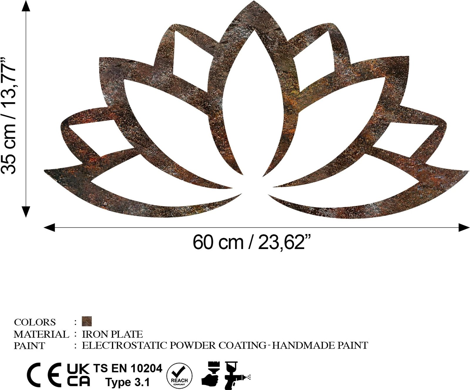 Aksesor dekorativ metalik për mur, lotus i ndryshkur, Wallity