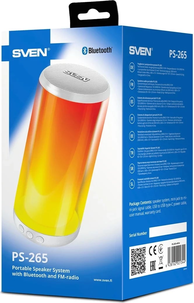 Boks portativ SVEN PS-265, Mono, 10 W, Bardhë