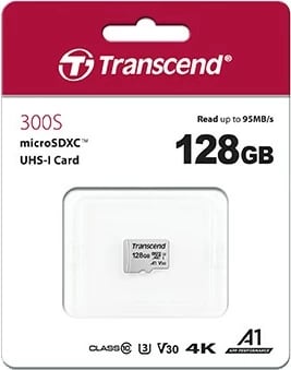 Kartelë microSDXC Transcend 300S 128GB me adapter, Class 10, U3, V30, e argjendtë