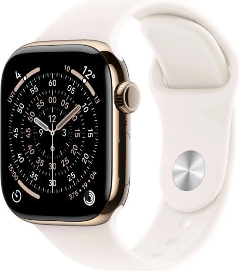 Smartwatch, Apple, Watch Series 11 GPS + Cellular 46mm titanium, 64 GB, ekran OLED LTPO Retina, rezistencë WR50M/IP6X, Rrip Sport M/L, ngjyrë ari me rrip rozë e butë