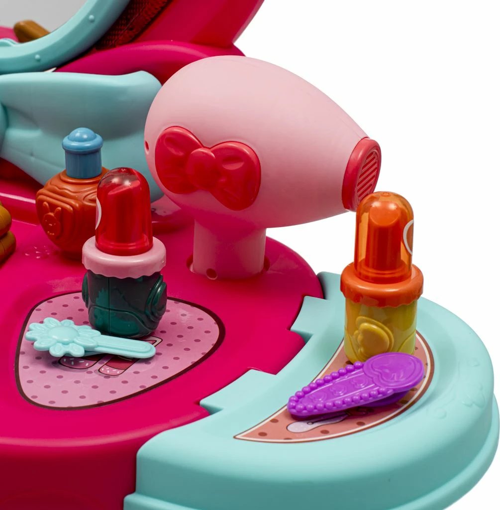 Tavolinë grimimi lodër, BABY MIX, me muzikë dhe pasqyrë që hapet, 72x45x30.5 cm, fuqi 5xAA, rozë/fuksia e bardhë, set aksesorësh