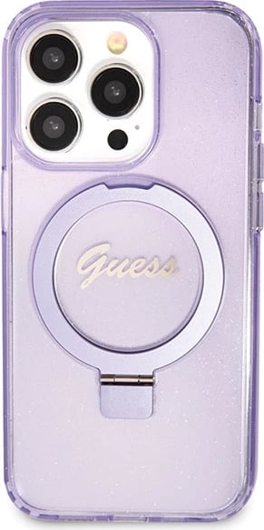 Mbështjellës Guess Ring Stand Script Glitter MagSafe për iPhone 14 Pro Max, vjollcë