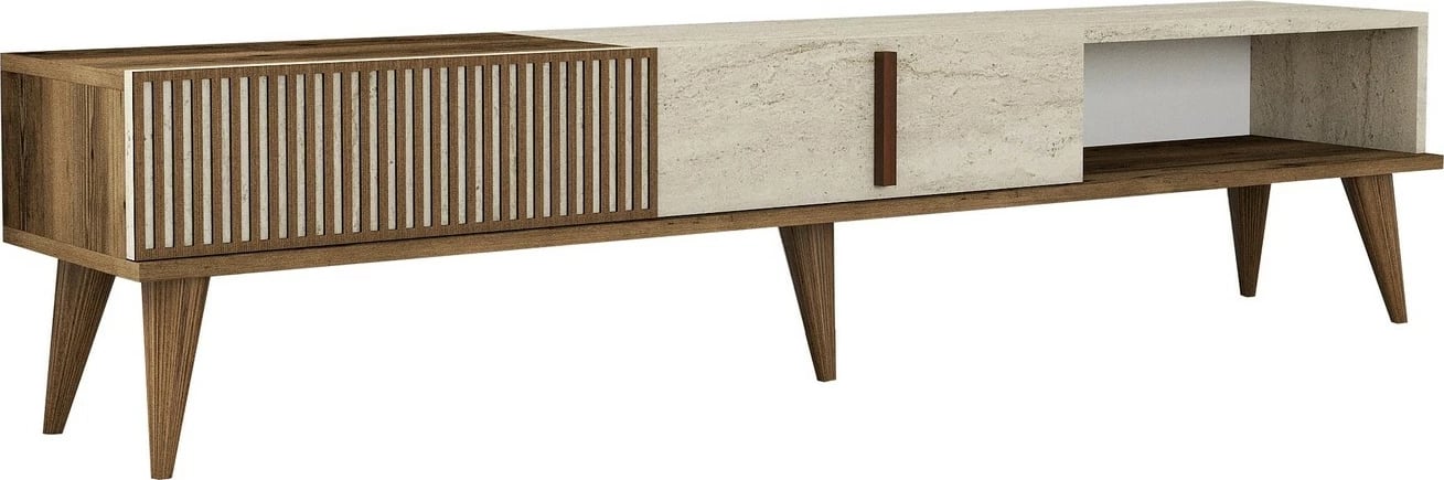 Komodë televizori Skye Decor, ngjyrë arre dhe travertin, Milan