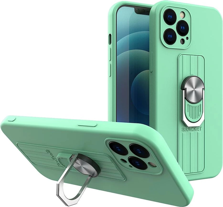 Mbështjellës Hurtel Ring Case për iPhone 13 mini, silikon, me dorezë dhe mbajtëse, Mint