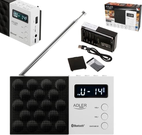radio dixhitale PLL AM/FM, Adler AD 1908, Bluetooth 5.0, USB/SD, memorie 20 stacione, ekran LCD, 1.2 W, bateri 800 mAh, bardh e zezë