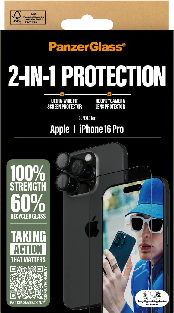 Mbështjellës PanzerGlass për iPhone 16 Pro, 2-në-1, ekran + kamera, transparent